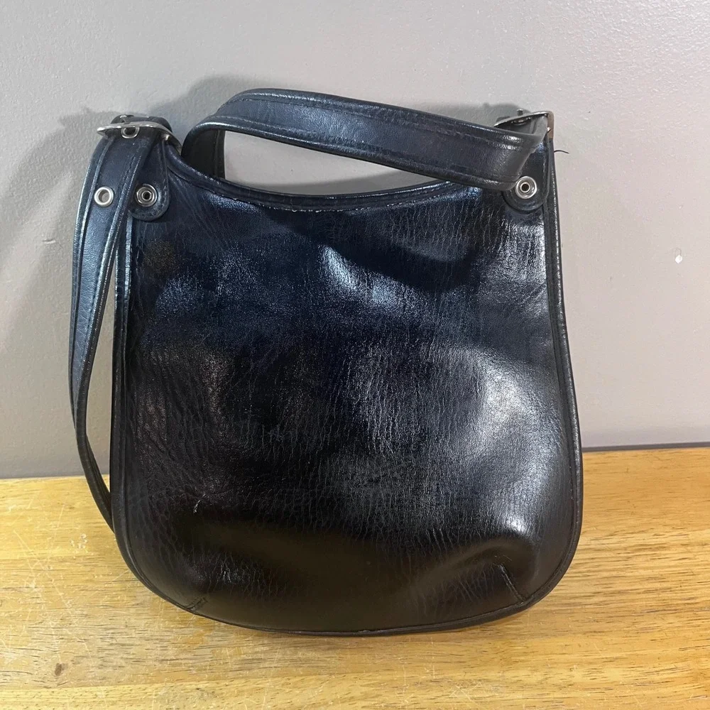 Vtg Coach Black Leather Crossbody Bag Silver Hardware Organizer Pocket